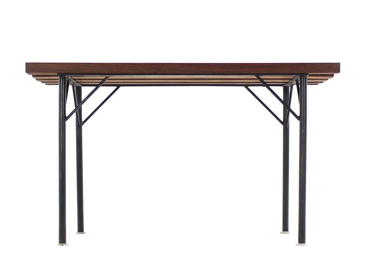 Lacquered Solid Rosewood Small Compact Mid Century Modern Slat Bench Black Metal Base MINT For Sale