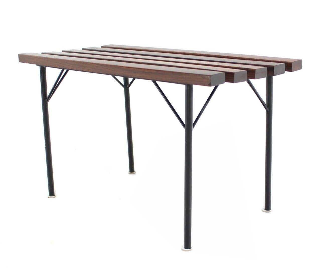 20th Century Solid Rosewood Small Compact Mid Century Modern Slat Bench Black Metal Base MINT For Sale