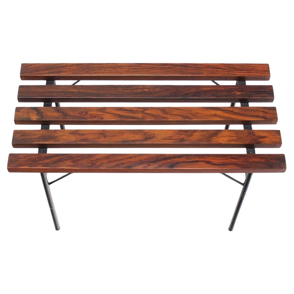 Solid Rosewood Small Compact Mid Century Modern Slat Bench Black Metal Base MINT For Sale