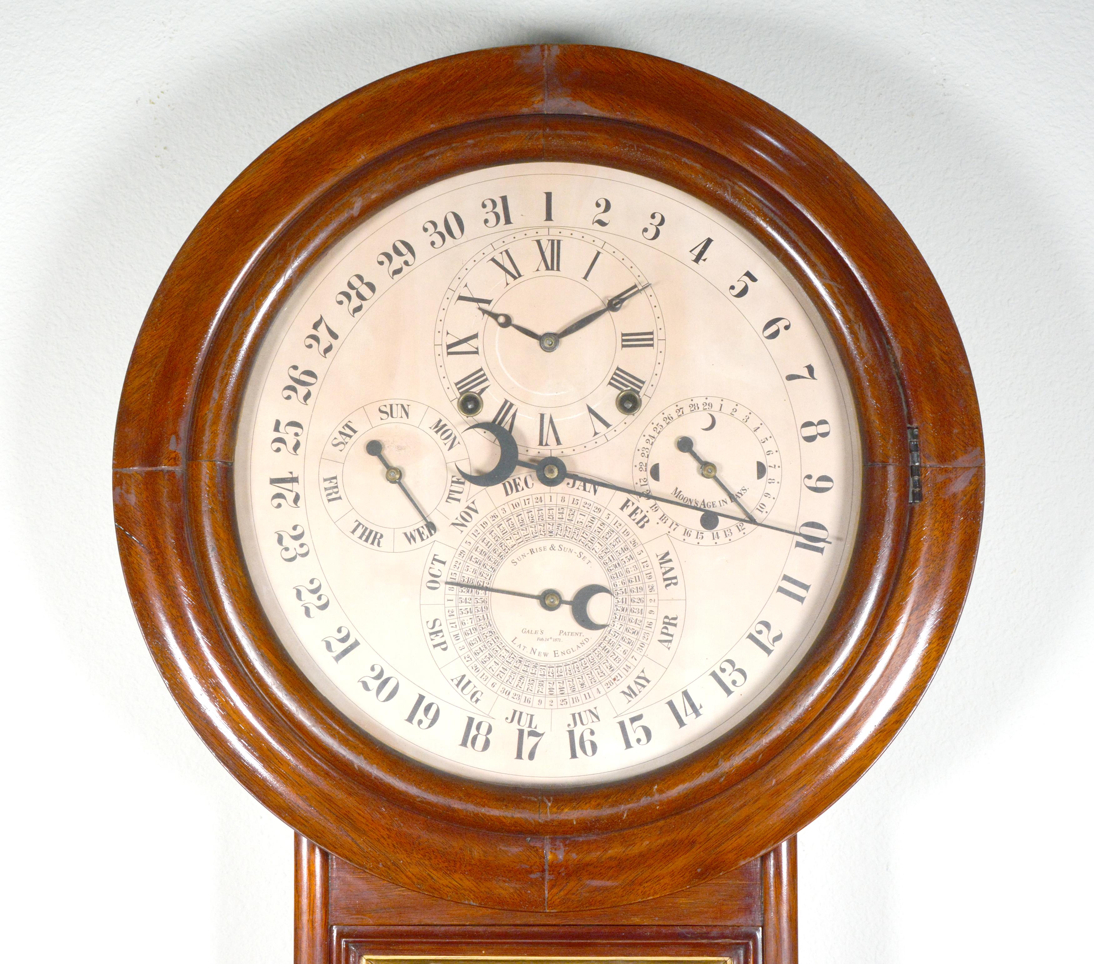 Américain Horloge murale Welch Gale Drop en bois de rose massif, 5 cadrans, 6 aiguilles, calendrier à complications en vente