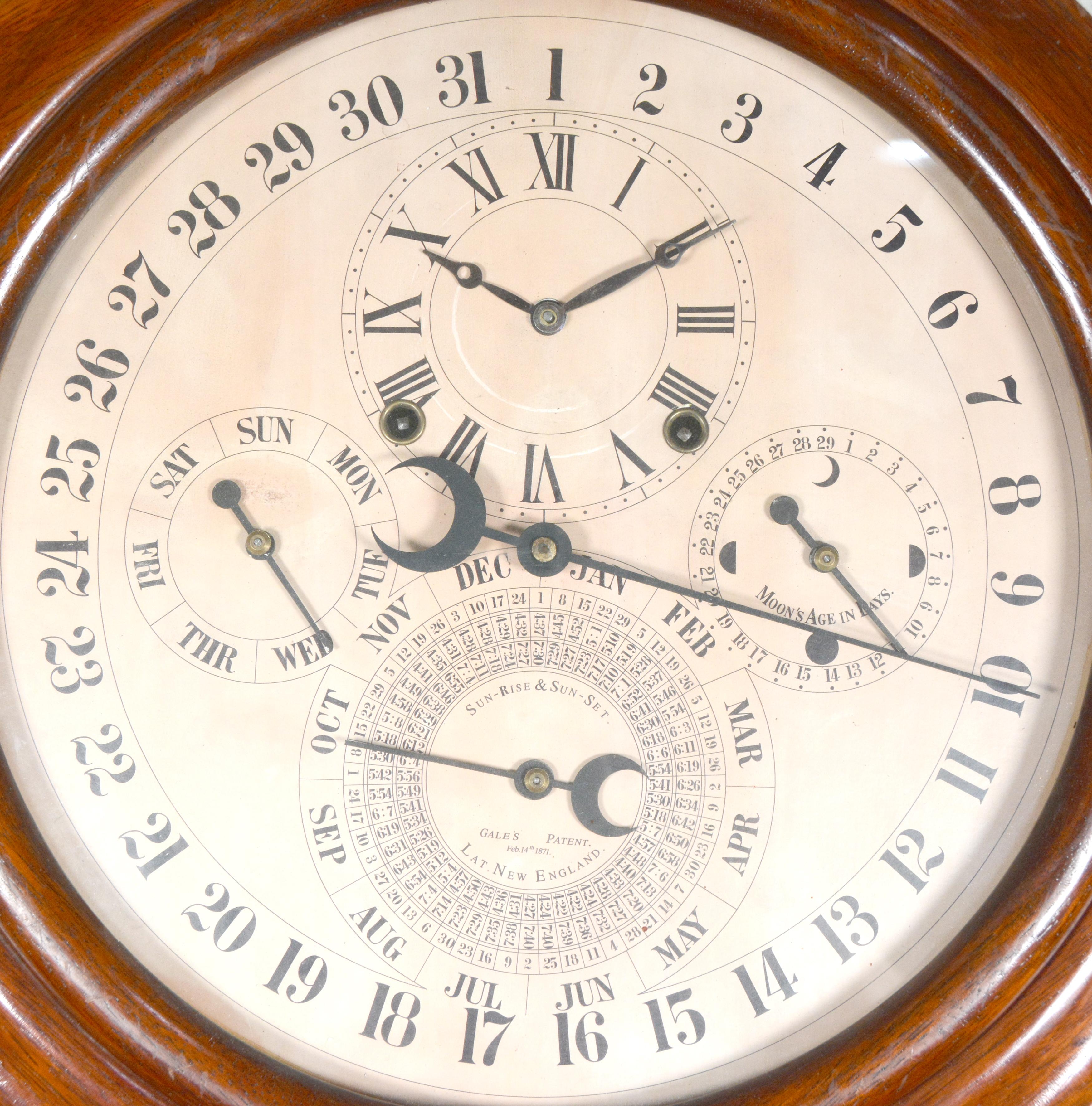 Fin du 20e siècle Horloge murale Welch Gale Drop en bois de rose massif, 5 cadrans, 6 aiguilles, calendrier à complications en vente