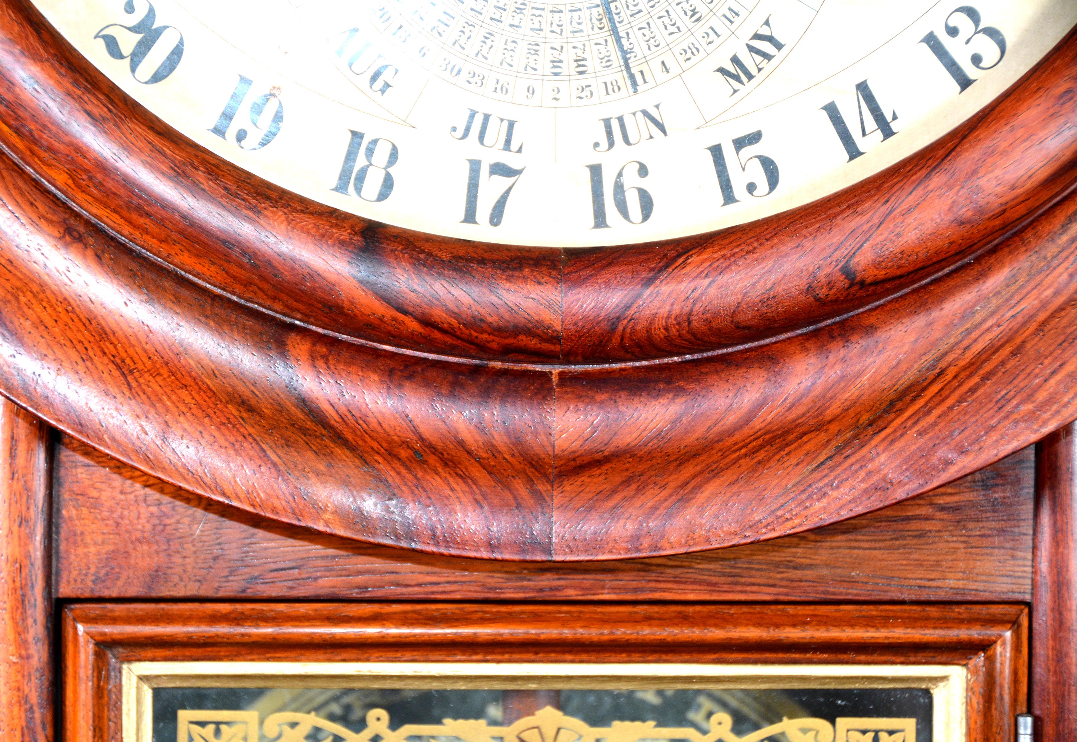 Solid Rosewood Welch Gale Drop 5 Dial 6 Hand Complication Calendar Wall Clock In Good Condition In Danville, CA