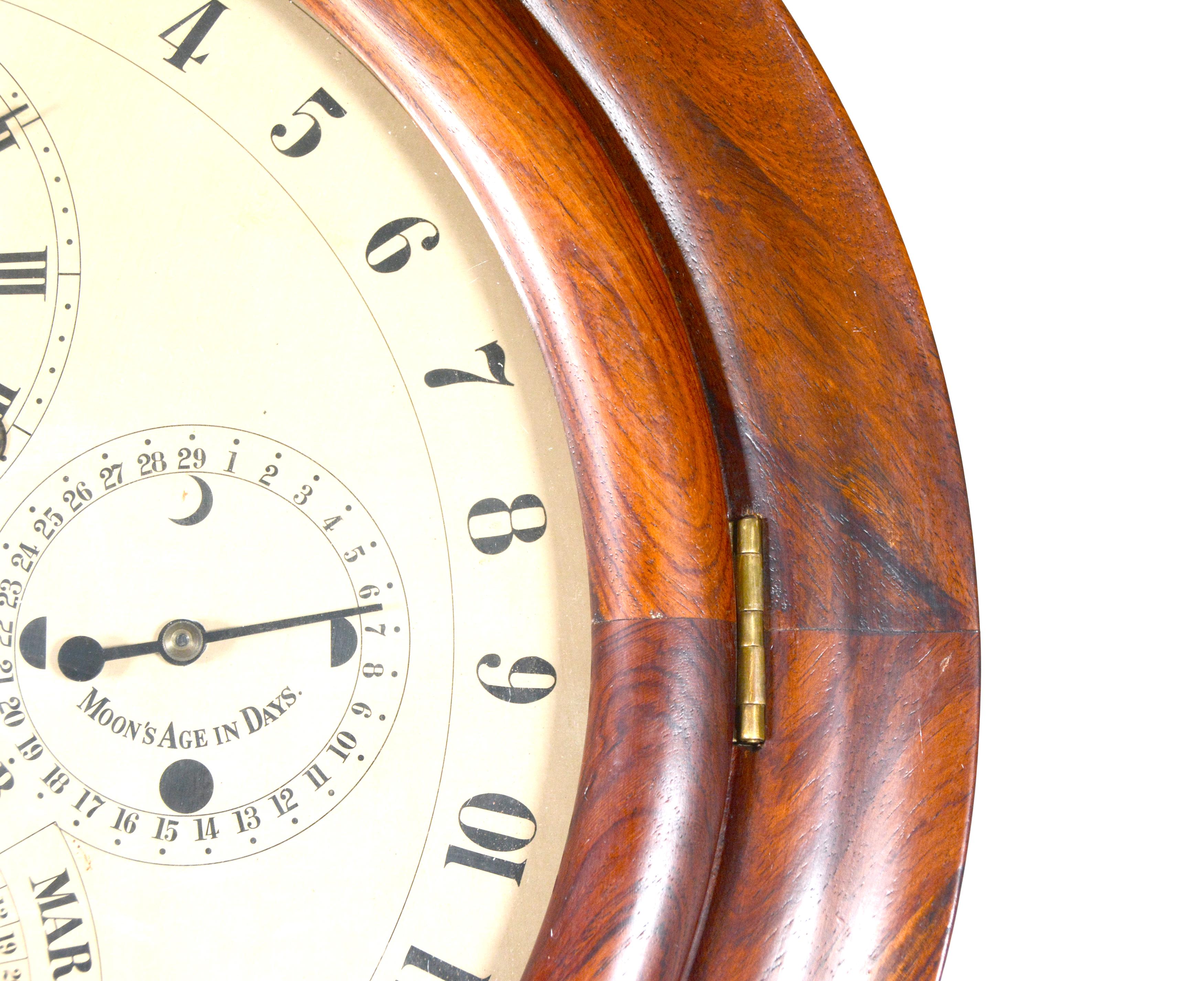 Late 20th Century Solid Rosewood Welch Gale Drop 5 Dial 6 Hand Complication Calendar Wall Clock
