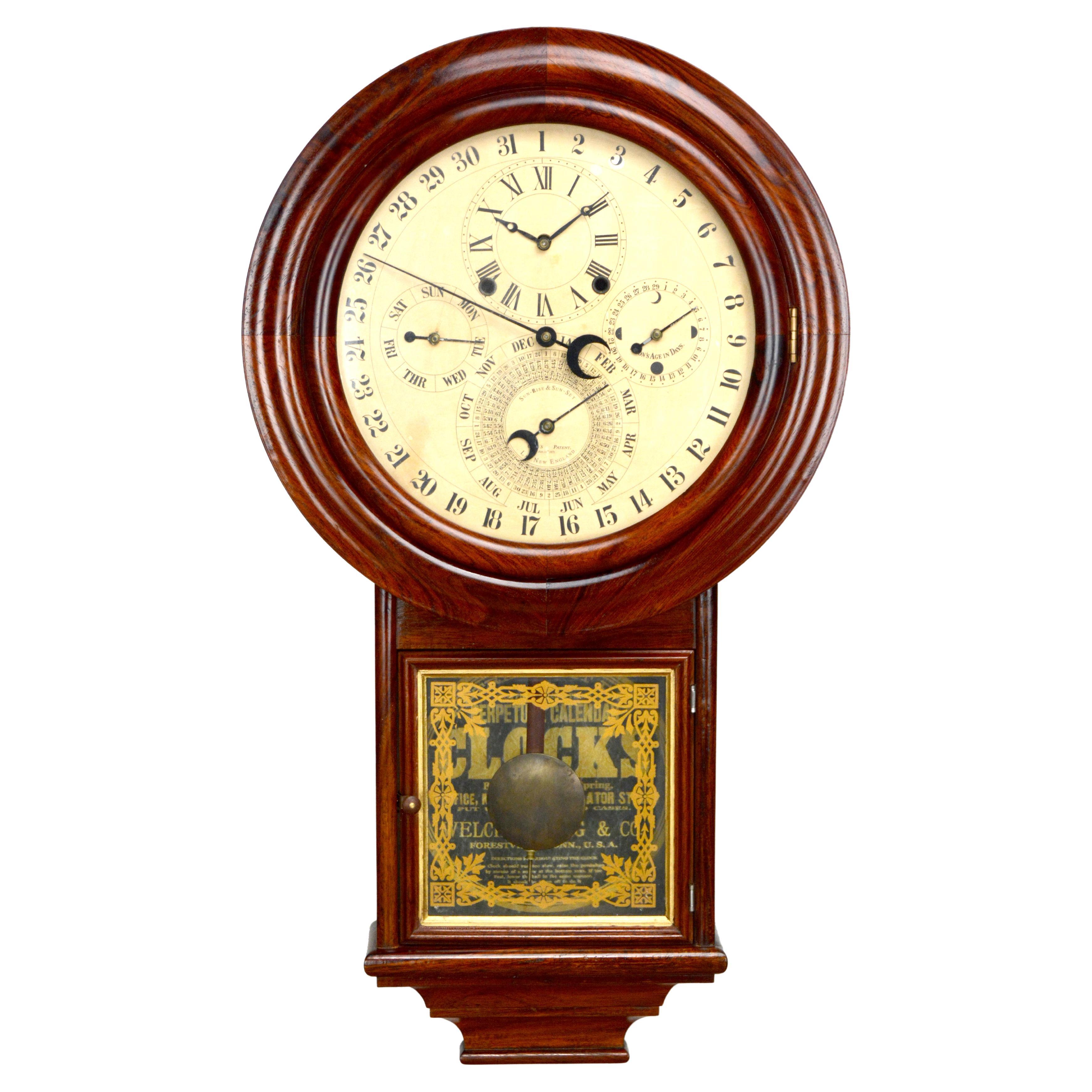 Solid Rosewood Welch Gale Drop 5 Dial 6 Hand Complication Calendar Wall Clock For Sale at 1stDibs