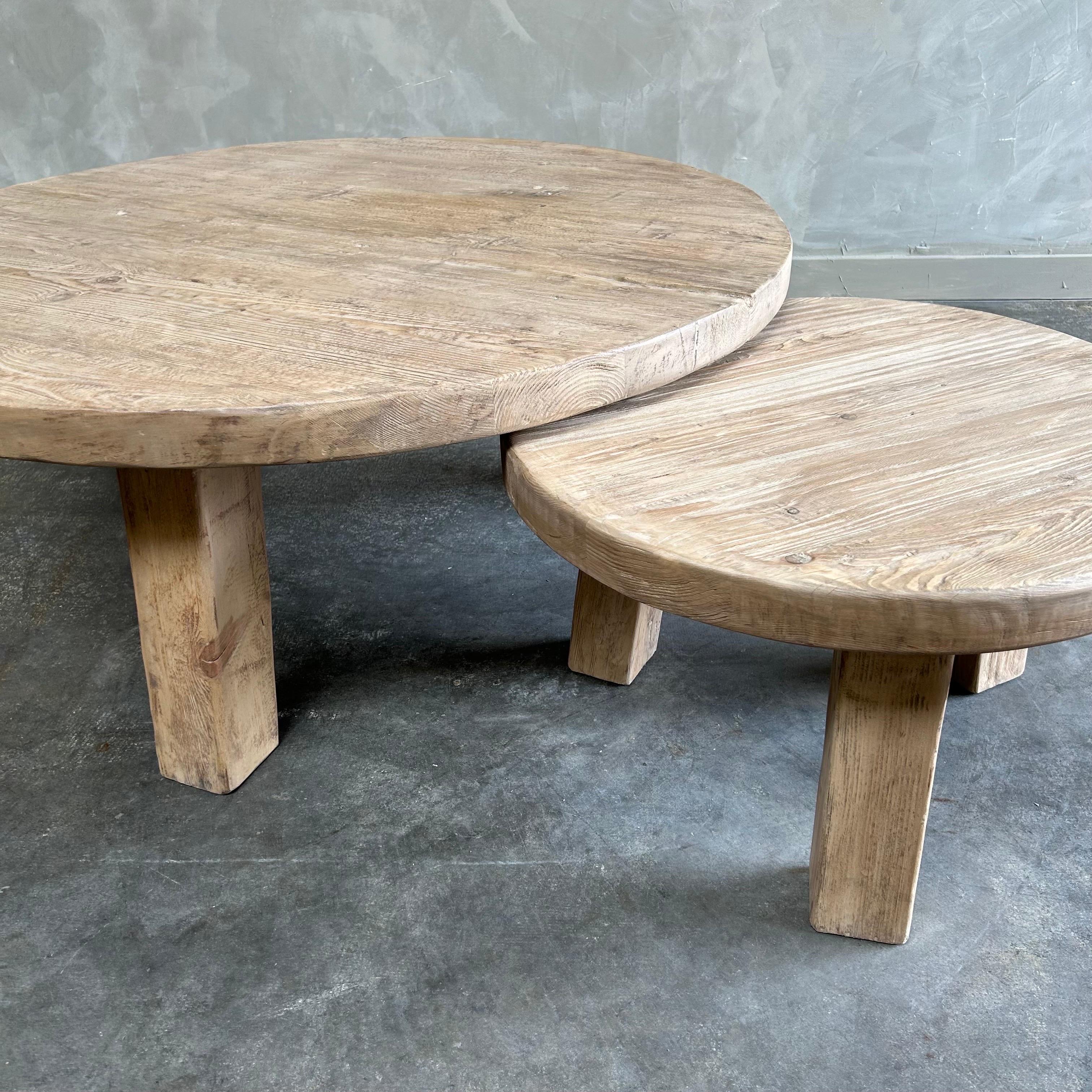 Contemporary Solid Round Reclaimed Elm Wood 2-Piece Nesting Coffee Table Set For Sale