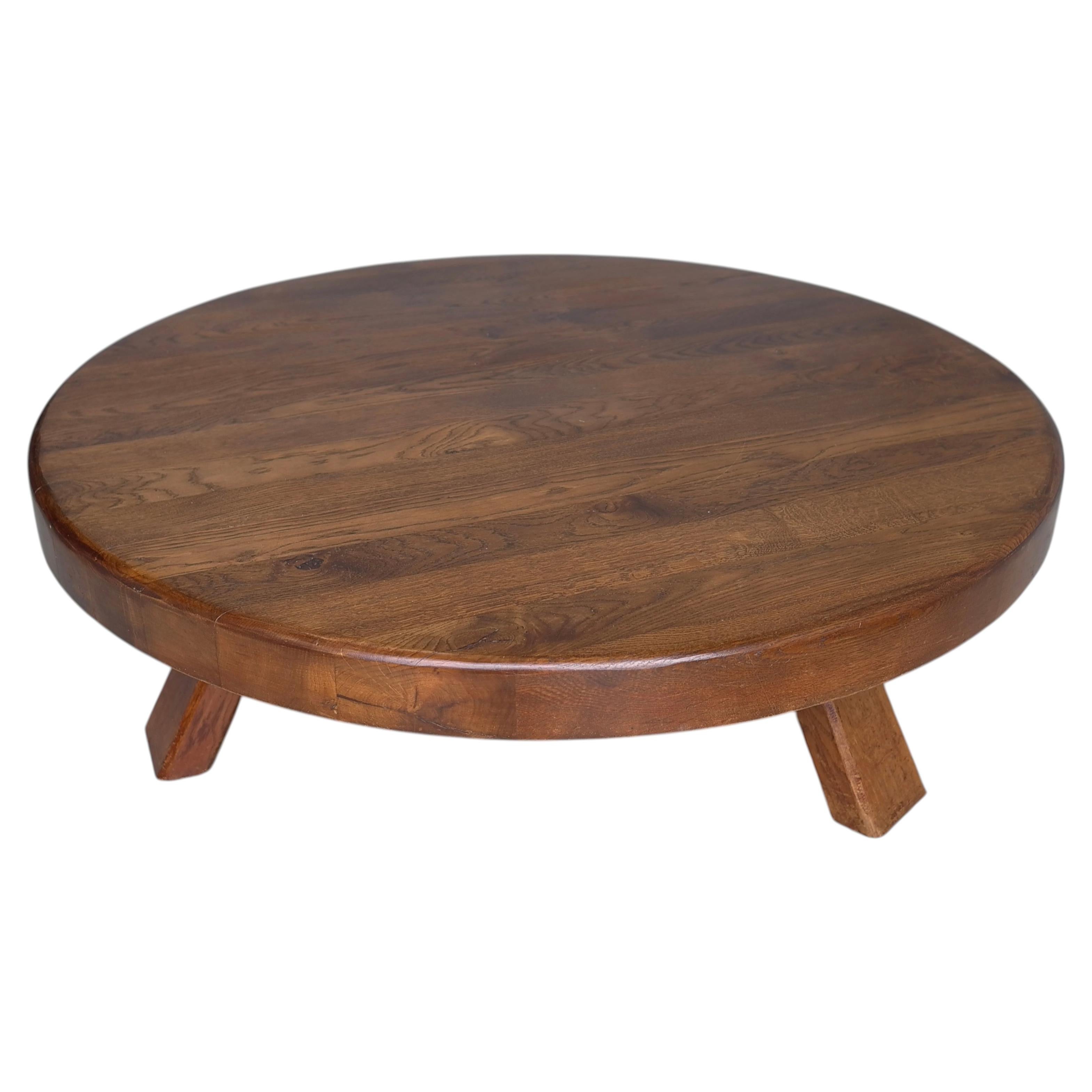 Solid Rustic Oak Round Coffee Table in Style of Charlotte Perriand France, 1960s