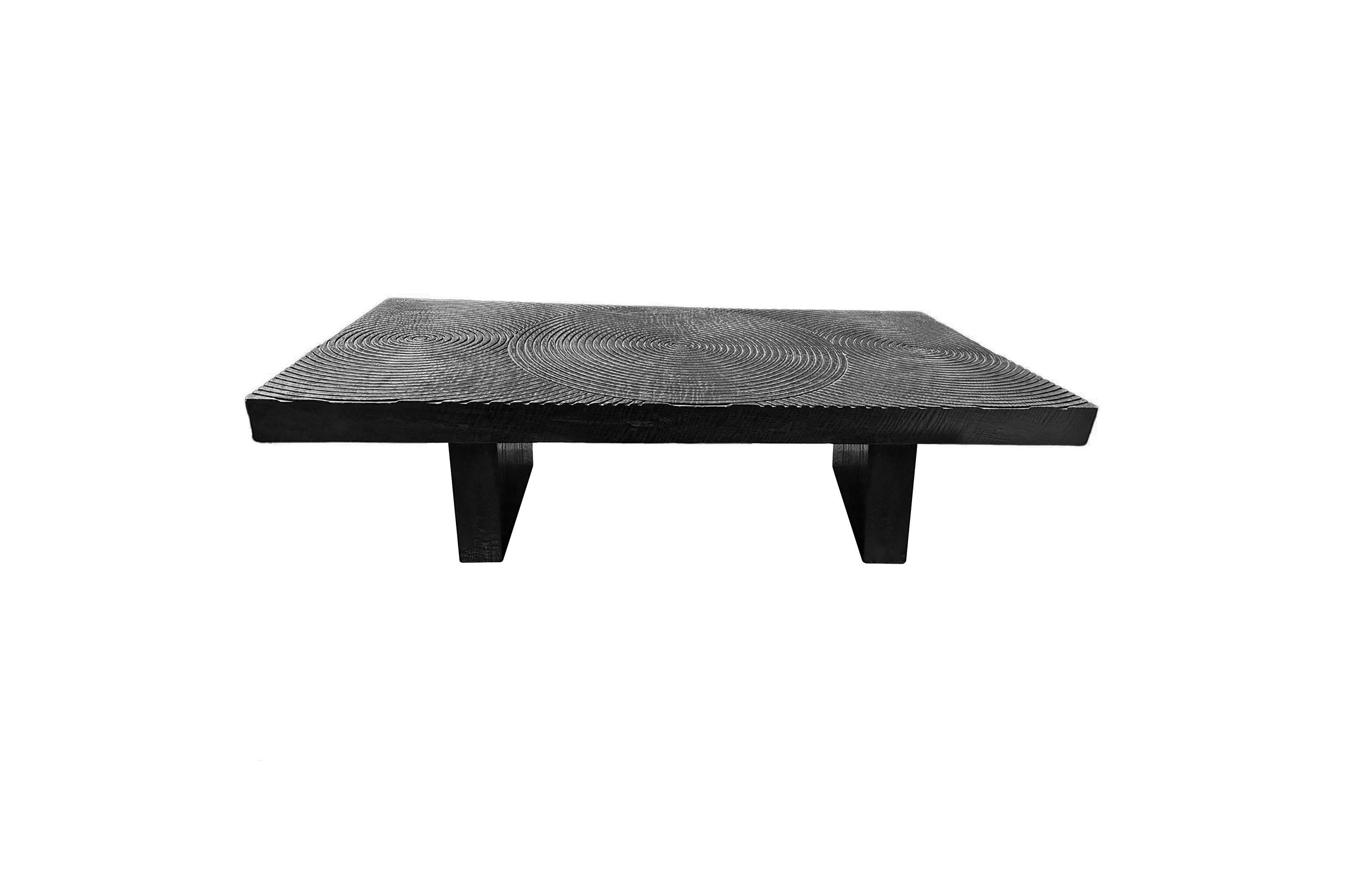 Solid Sculptural Mango Wood Table, Burnt Finish, Modern Organic