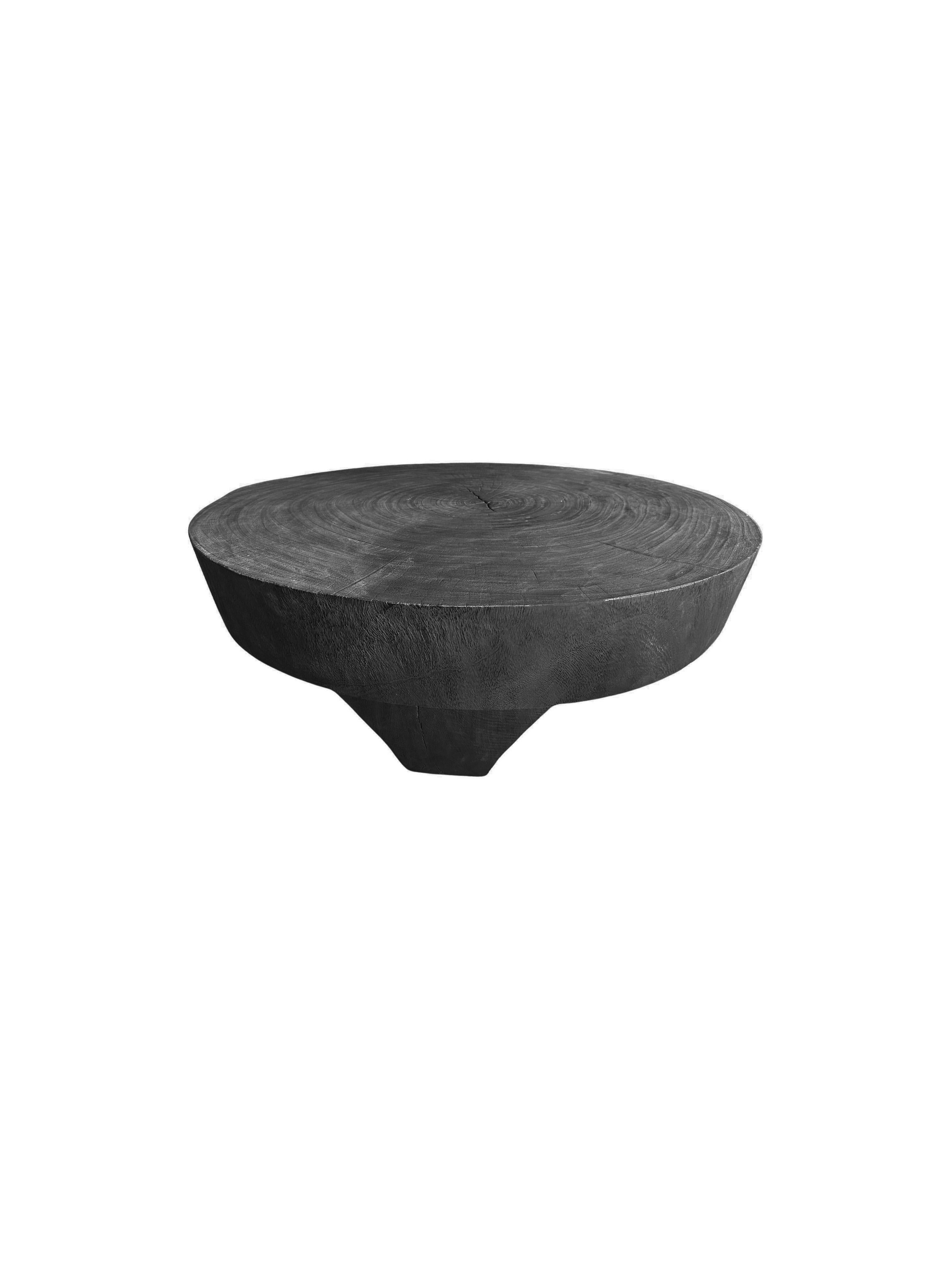 Organic Modern Solid Sculptural Suar Wood Round Table, Burnt Finish, Modern Organic For Sale
