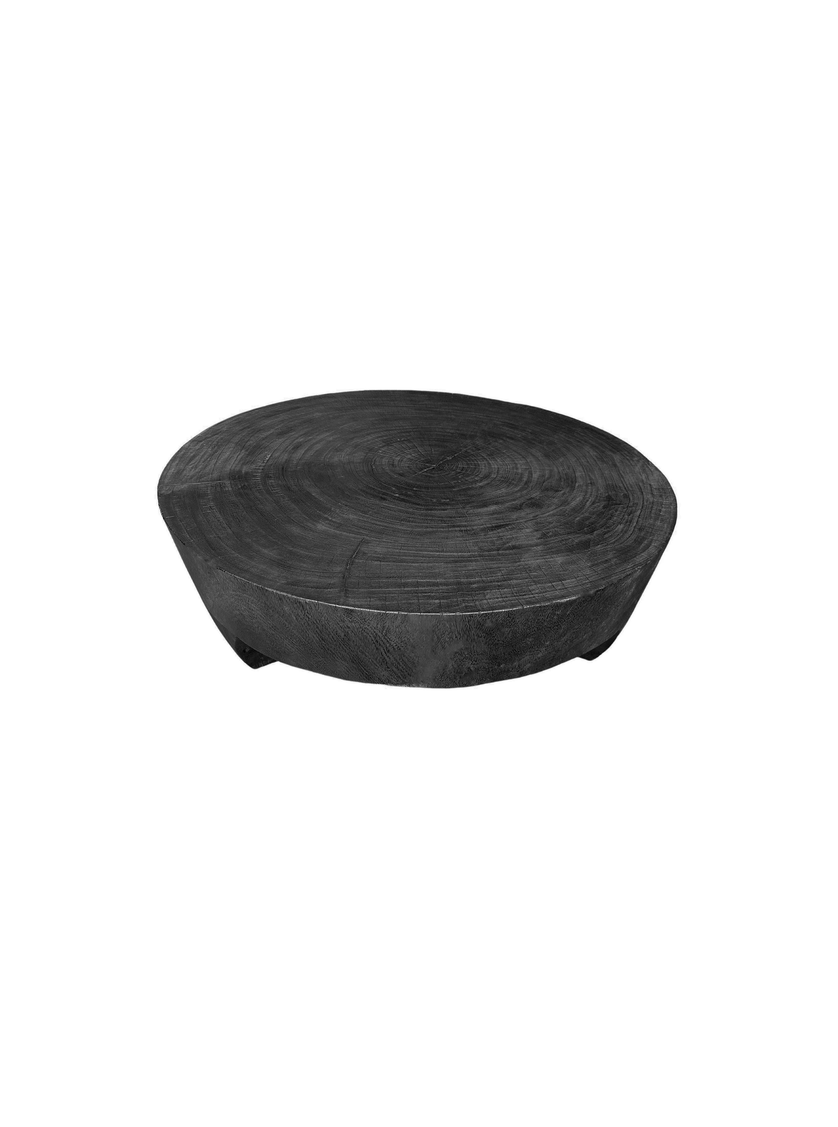 Hand-Crafted Solid Sculptural Suar Wood Round Table, Burnt Finish, Modern Organic For Sale