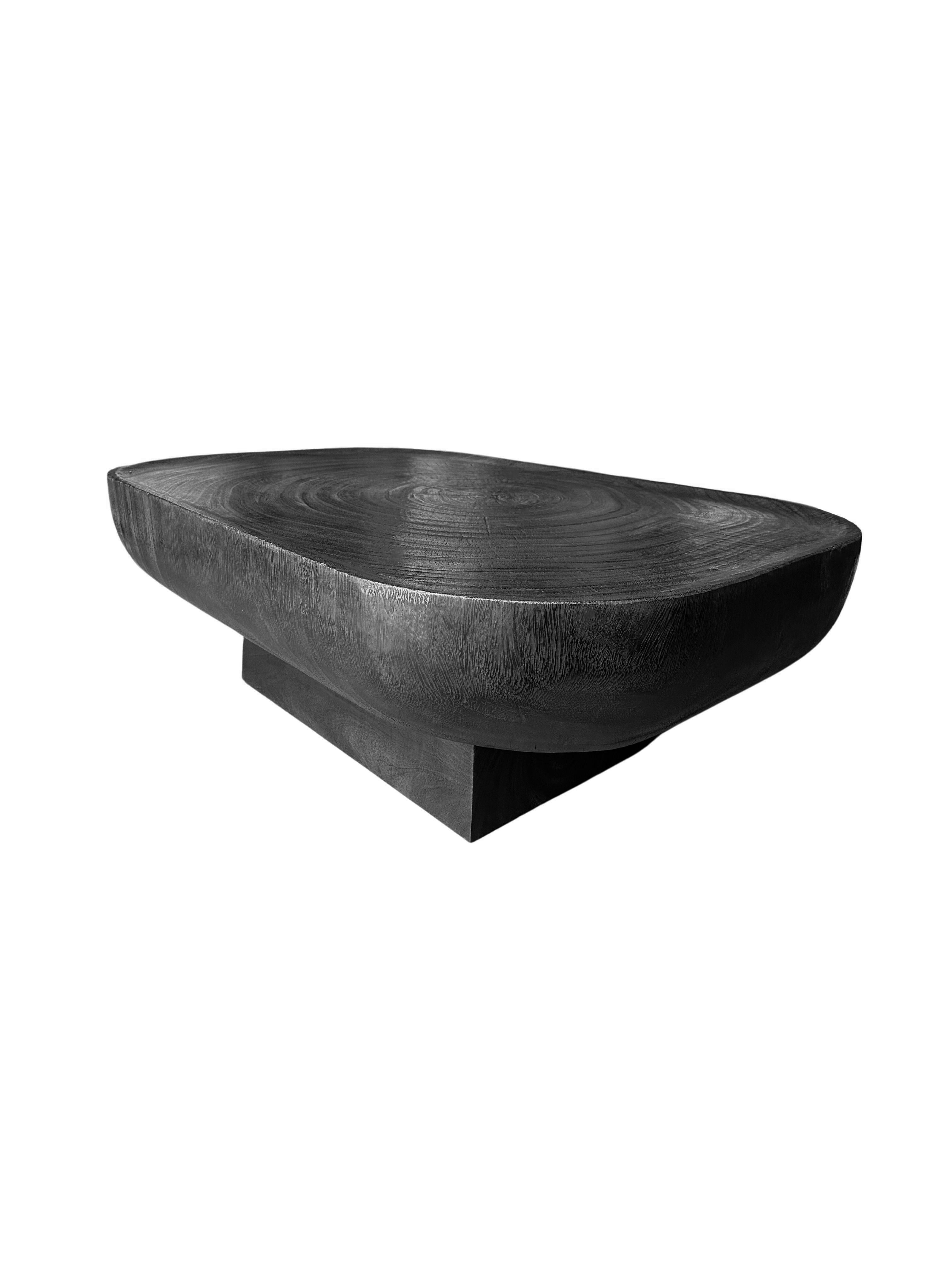Hand-Crafted Solid Sculptural Suar Wood Table, Burnt Finish, Modern Organic For Sale