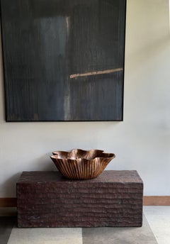 Solid Sculptural Teak Wood Lotus Leaf Bowl, Hand-Carved, Modern Organic