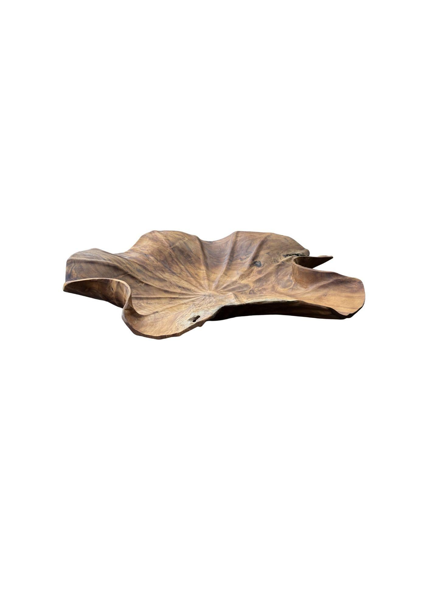 Organic Modern Solid Sculptural Teak Wood Lotus Leaf Bowl, Hand-Carved, Modern Organic For Sale