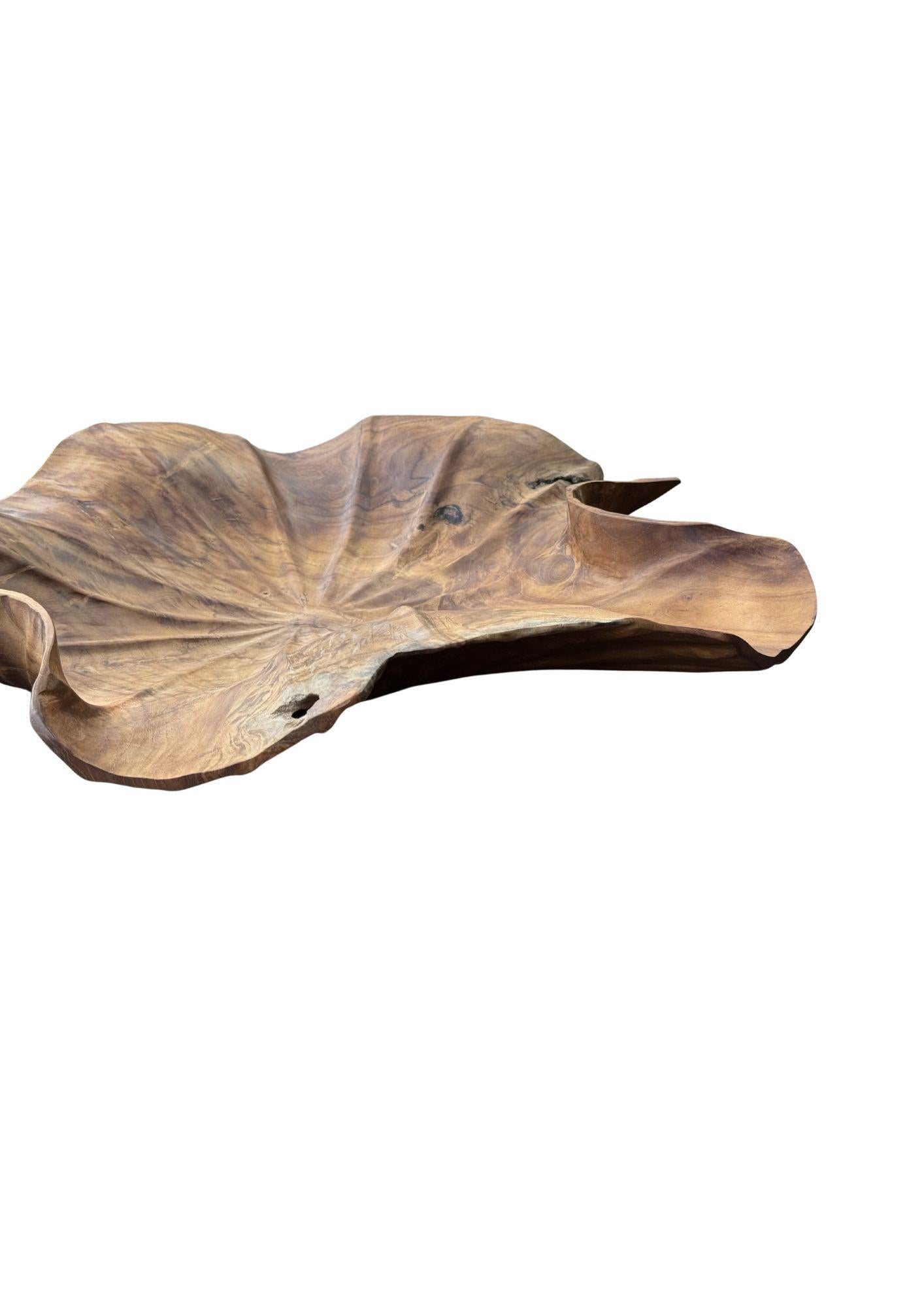 Indonesian Solid Sculptural Teak Wood Lotus Leaf Bowl, Hand-Carved, Modern Organic For Sale