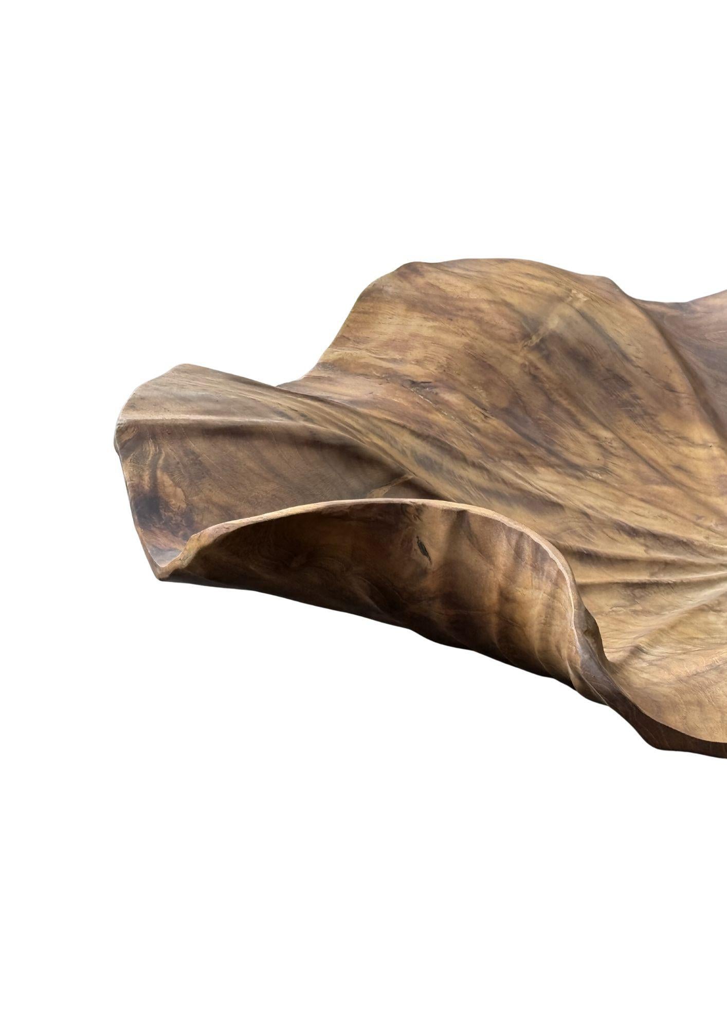 Hand-Crafted Solid Sculptural Teak Wood Lotus Leaf Bowl, Hand-Carved, Modern Organic For Sale