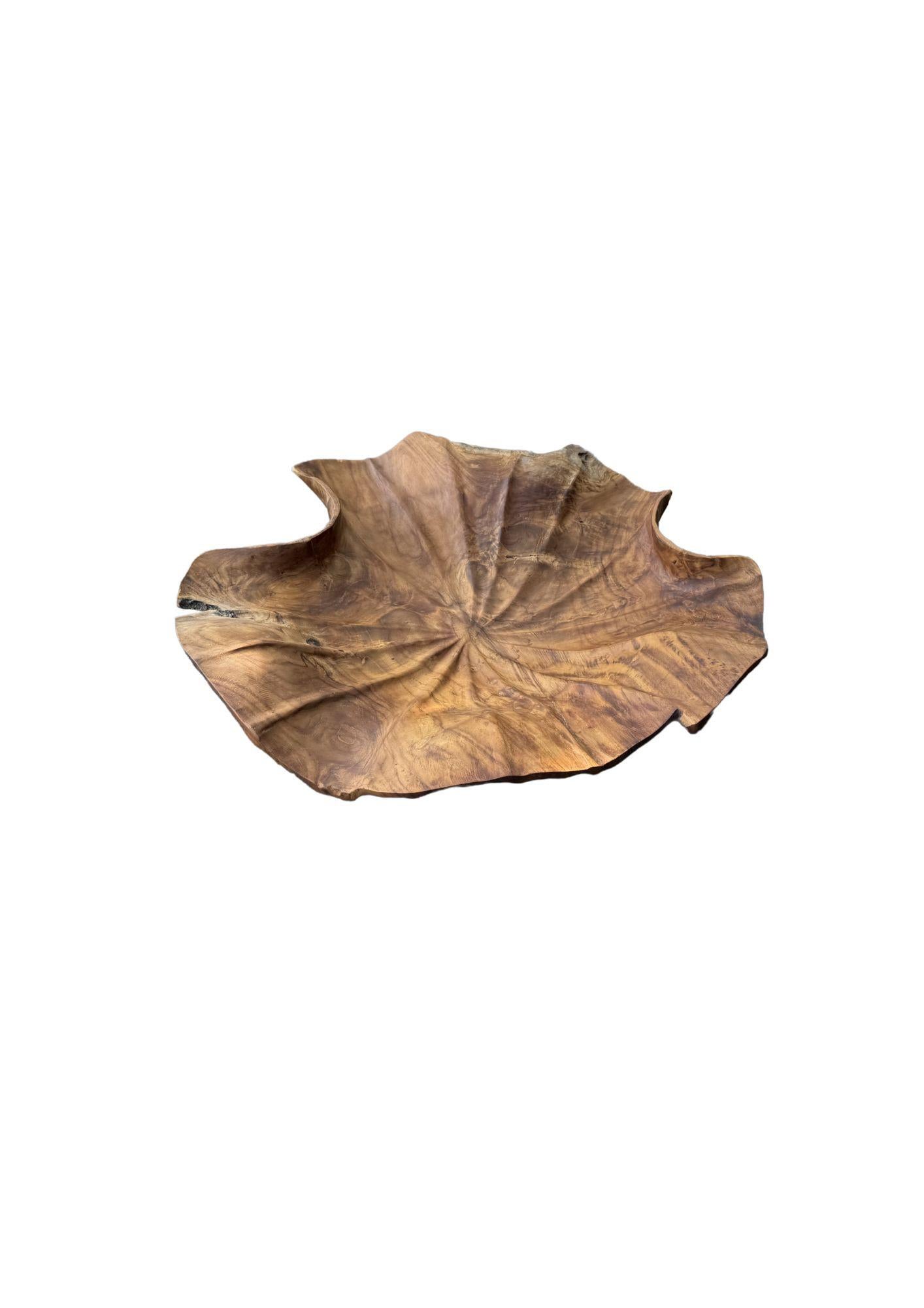 Contemporary Solid Sculptural Teak Wood Lotus Leaf Bowl, Hand-Carved, Modern Organic For Sale