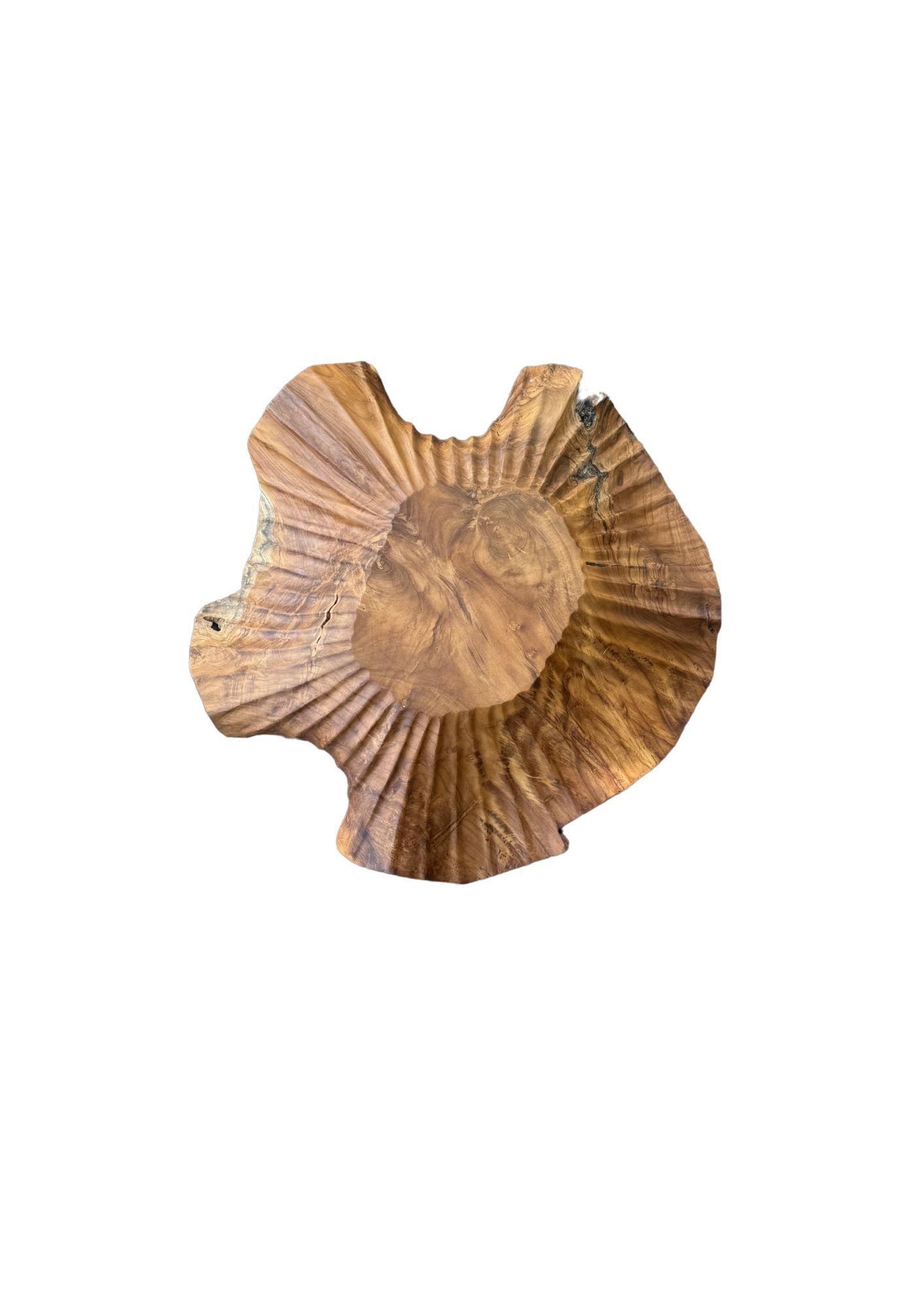 Solid Sculptural Teak Wood Lotus Leaf Bowl, Hand-Carved, Modern Organic For Sale 1