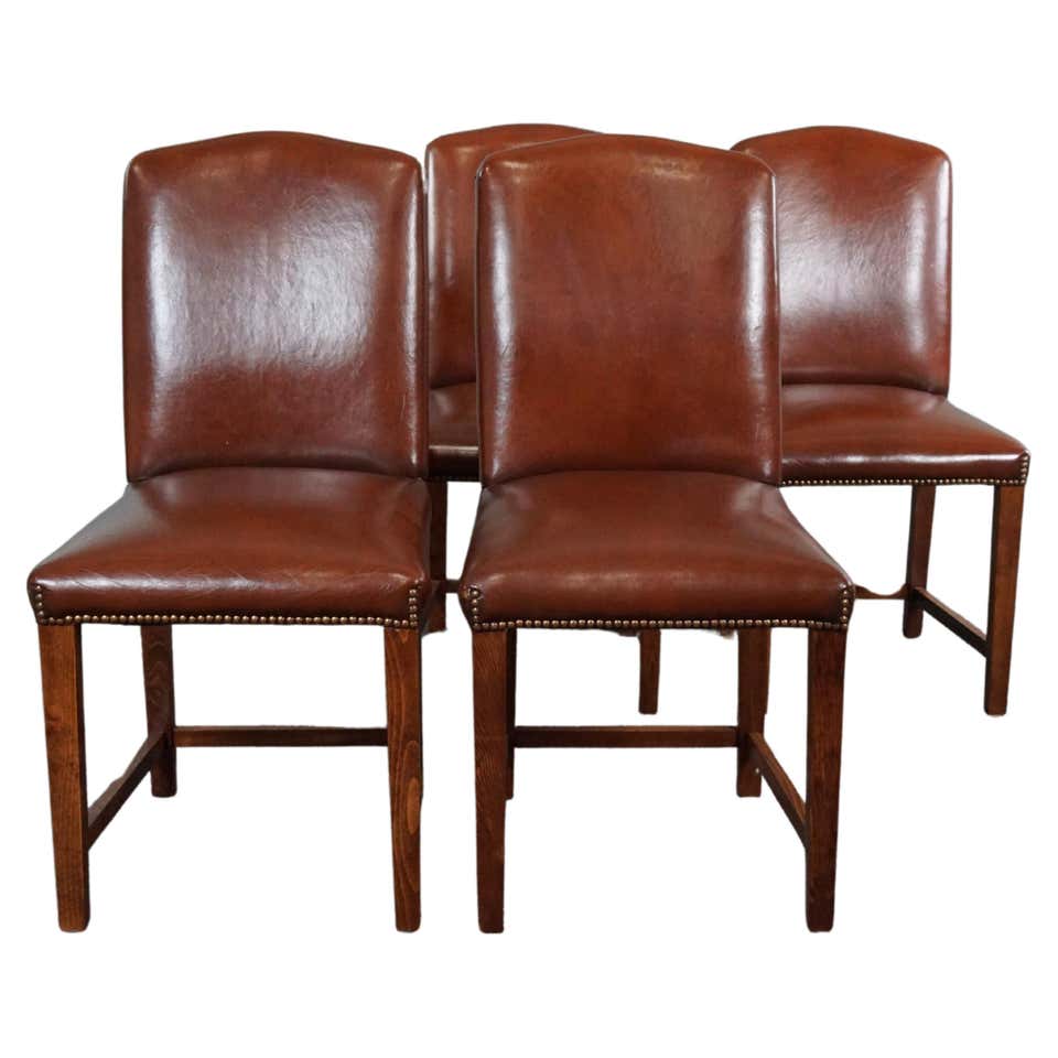 Set of 4 cognac-colored sheep leather dining chairs with a beautiful ...
