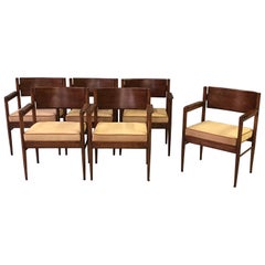 Solid Set of 6 Italian 1960s Cherrywood Armchairs with Tan Boar Skin Upholstery