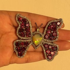 Victorian Silver 10ctw Ruby Opal and Diamond 5.9ctw Butterfly Brooch Pin for Him