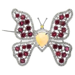 Victorian Silver 10ctw Ruby Opal and Diamond 5.9ctw Butterfly Brooch Pin for Him
