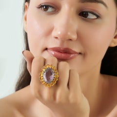 Anello da cocktail a forma di girasole in argento massiccio con ametista, citrino e zaffiro