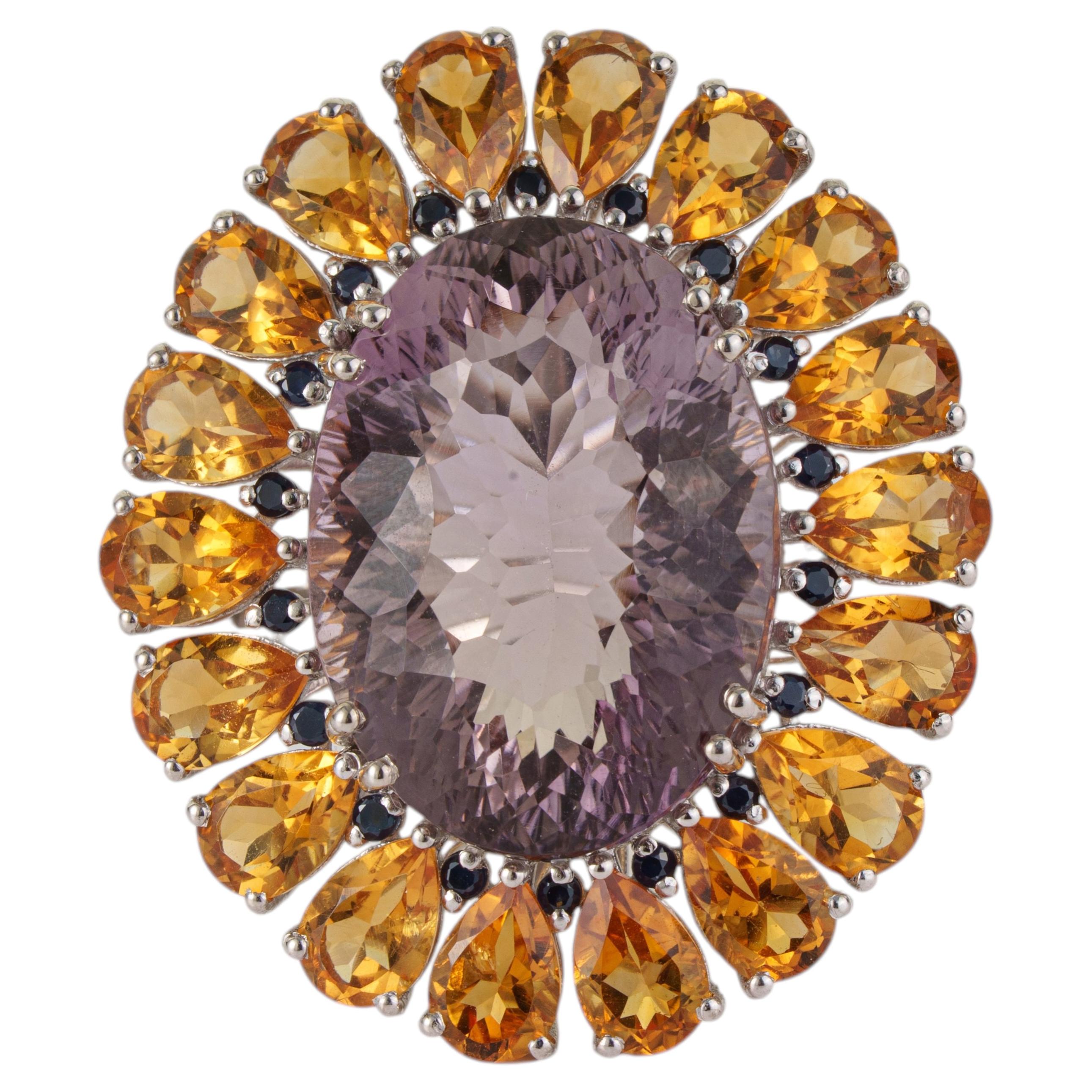 Solid Silver Amethyst, Citrine & Sapphire Multi Gemstone Sunflower Cocktail Ring