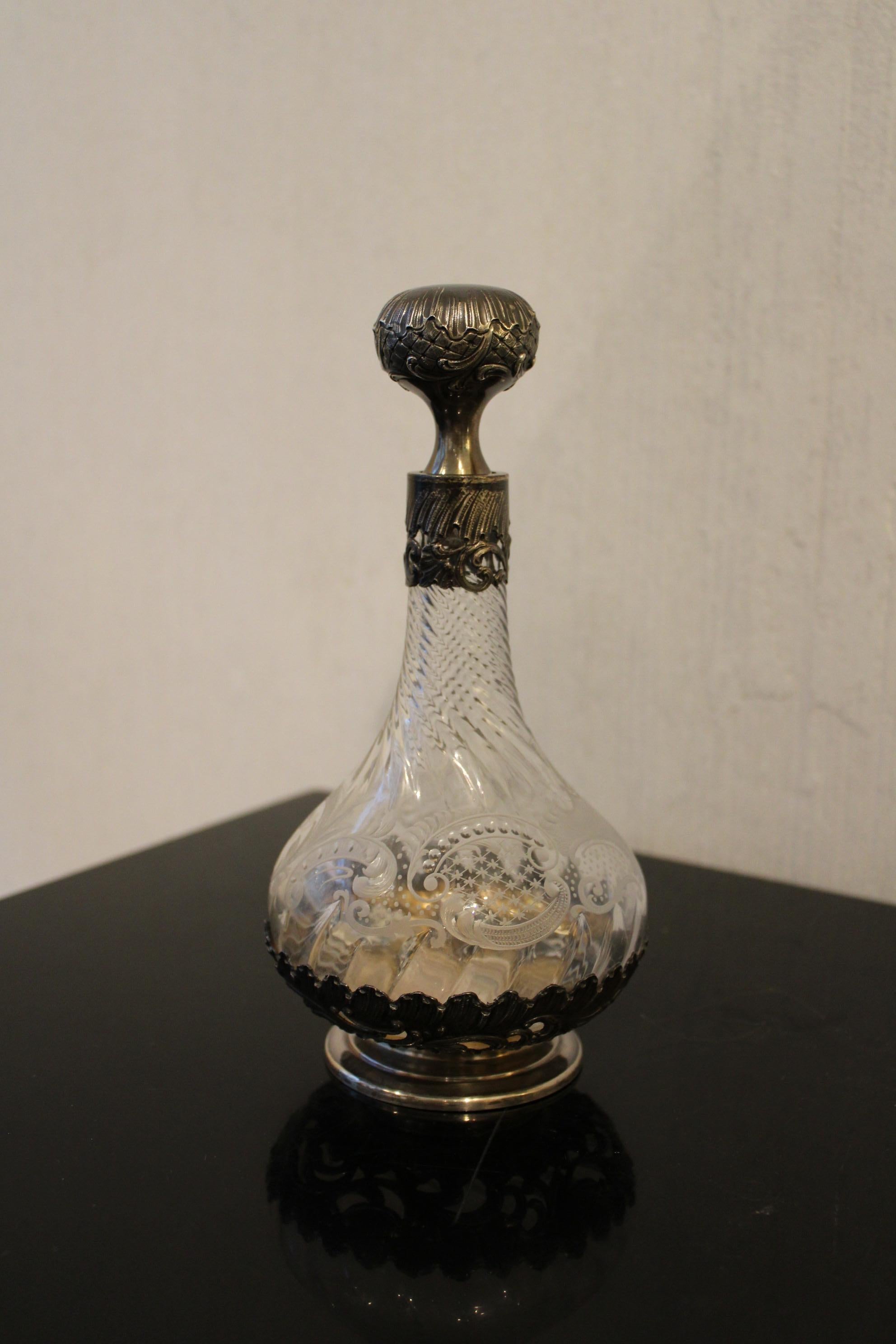 French Solid Silver and Crystal Carafe, 19th Century For Sale
