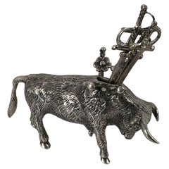 Solid Silver Bull toothpick holder OLD year uknown