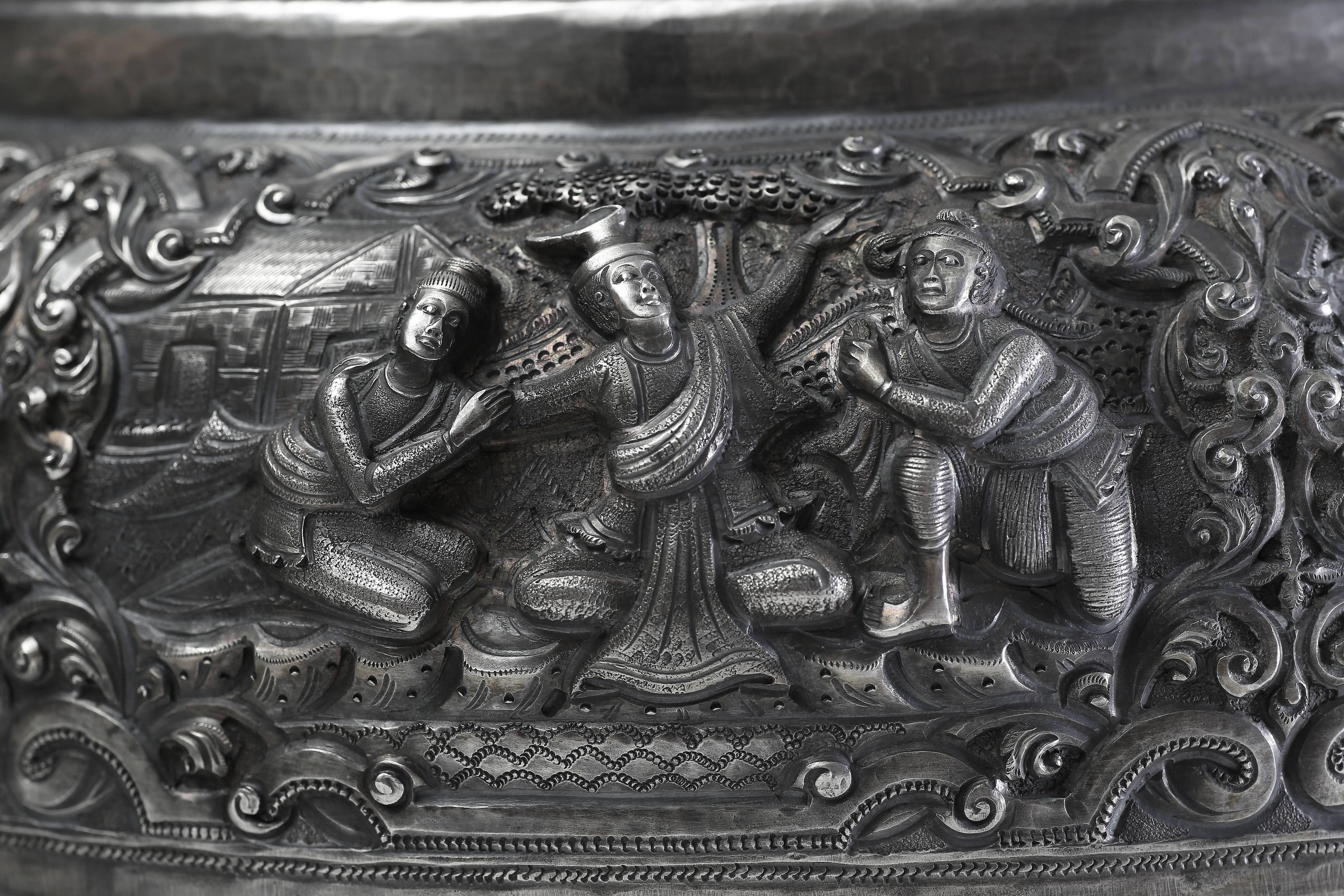 20th Century Solid Silver Hand-Worked Burmese Ceremonial Offering Vessel Jataka Scenes Relief