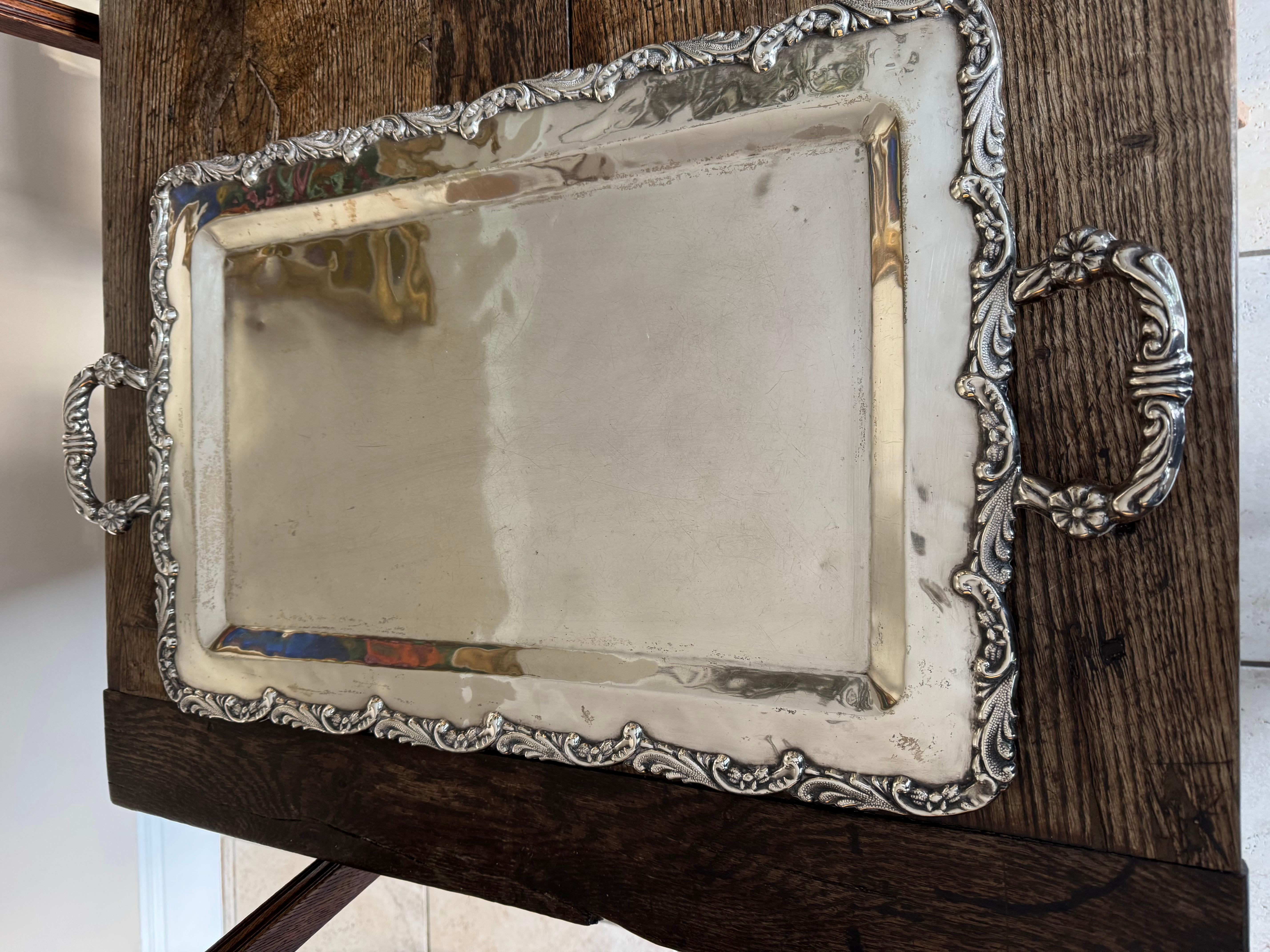 British Solid silver large handled tray. For Sale