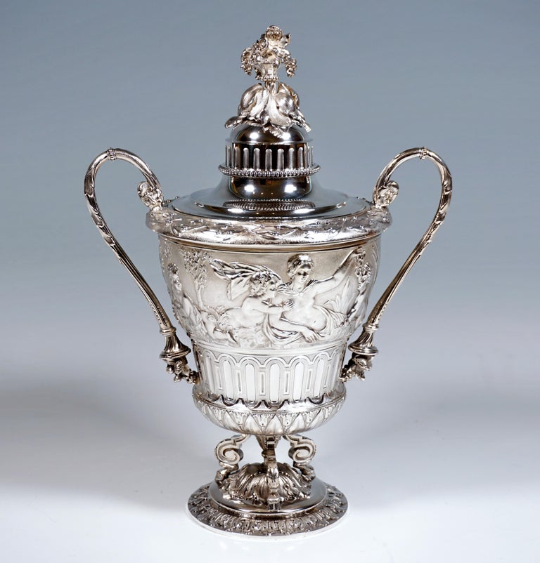 Classical Greek Solid Silver Lidded Goblet With Mythological Scenery, France, Around 1870 For Sale
