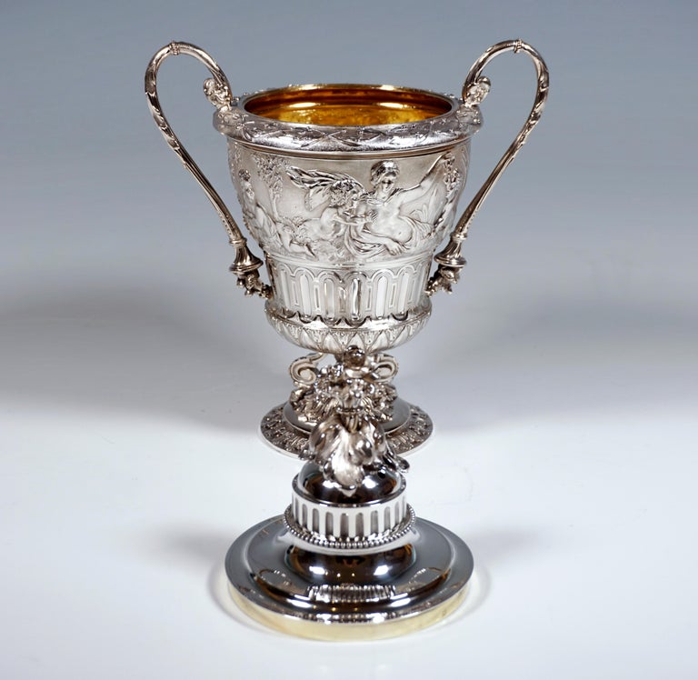French Solid Silver Lidded Goblet With Mythological Scenery, France, Around 1870 For Sale