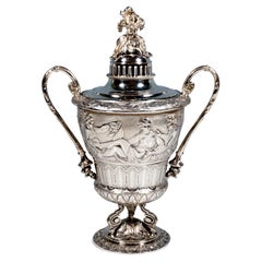 Antique Solid Silver Lidded Goblet With Mythological Scenery, France, Around 1870