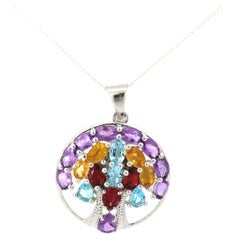Solid Silver Multi Gemstone Tree of Life Circle Pendant for Wedding Gift