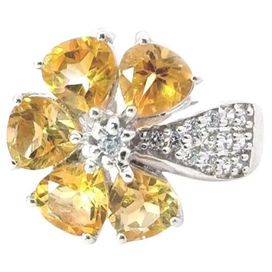 For Sale:  Solid Silver Natural Citrine November Birthstone Flower Cluster Ring for Mom