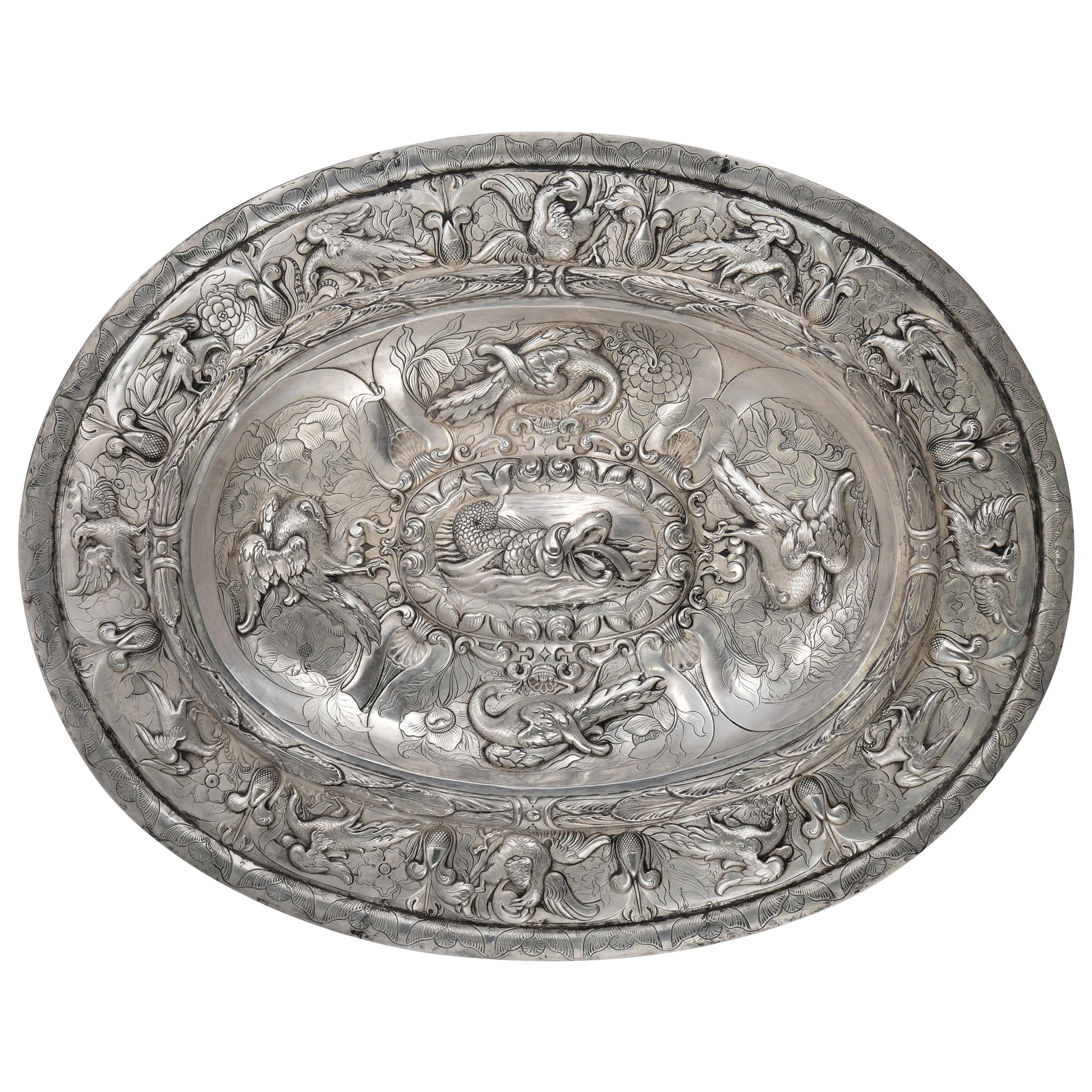 Solid Silver Oval Tray, Manuel Tene, Granada, Spain, 1755, with Hallmarks