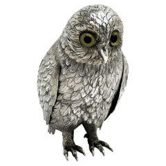 Solid Silver Owl Model Figure German, circa 1950 Bird