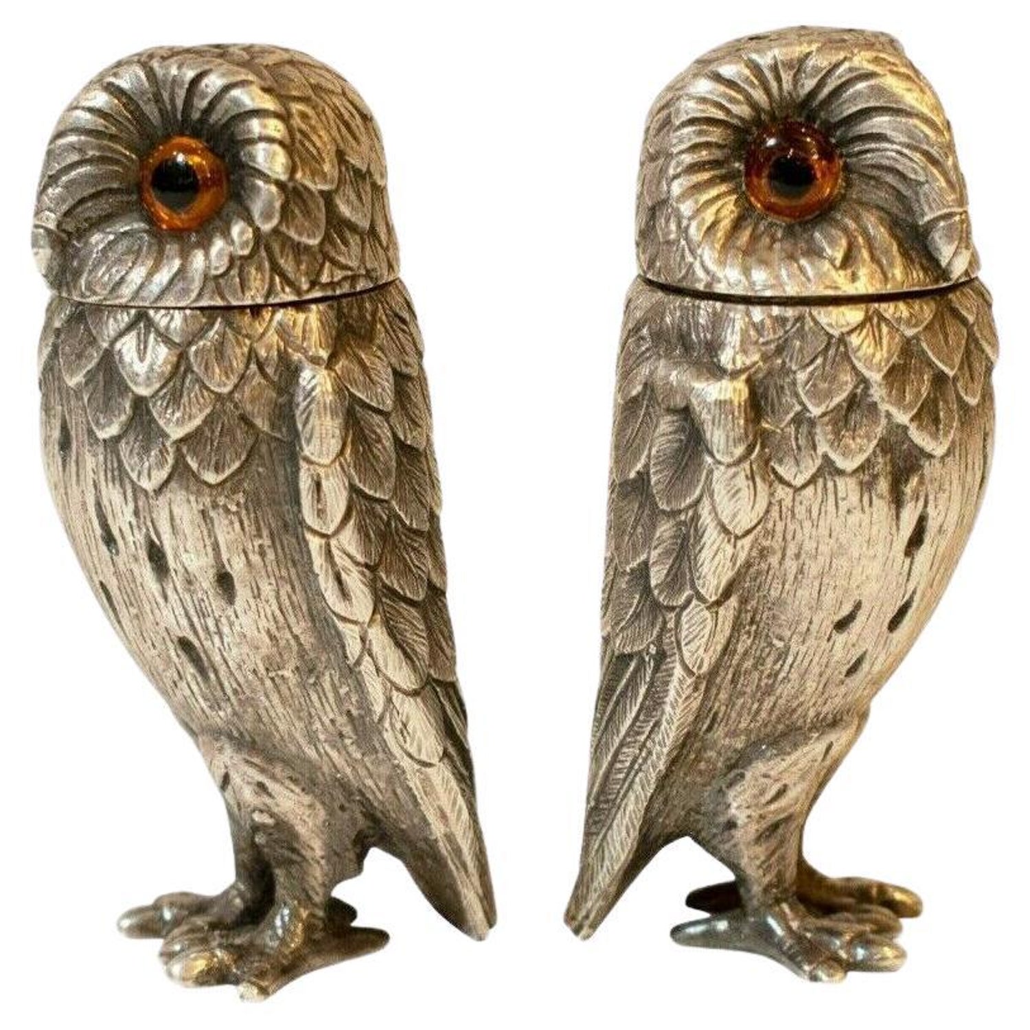 Solid Silver Owl Salt And Pepper Shakers Richard Comins London 1970 S For Sale At 1stdibs