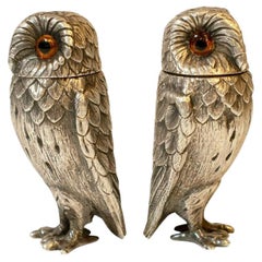 Solid Silver Owl Salt and Pepper Shakers Richard Comins, London, 1970's