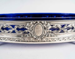 Jardinière en argent massif avec intérieur en verre bleu d'origine de la Maison Odiot