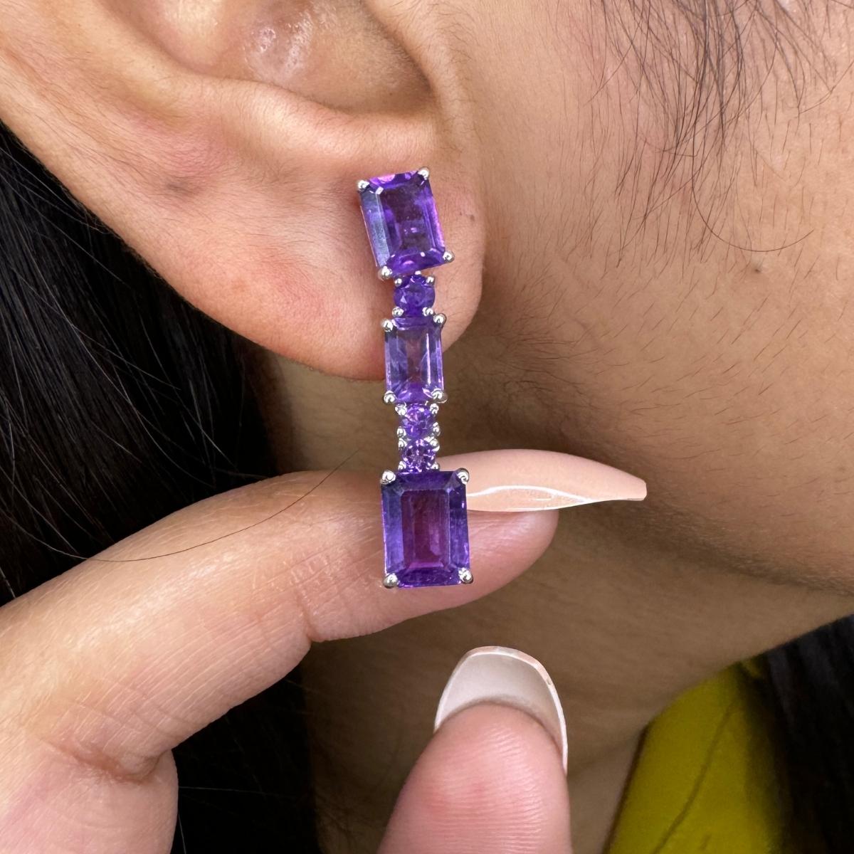 Amethyst Dangle Drop Earrings in sterling silver to make a statement with your look. You shall need dangle earrings to make a statement with your look. These earrings create a sparkling, luxurious look featuring, octagon, round cut natural multi