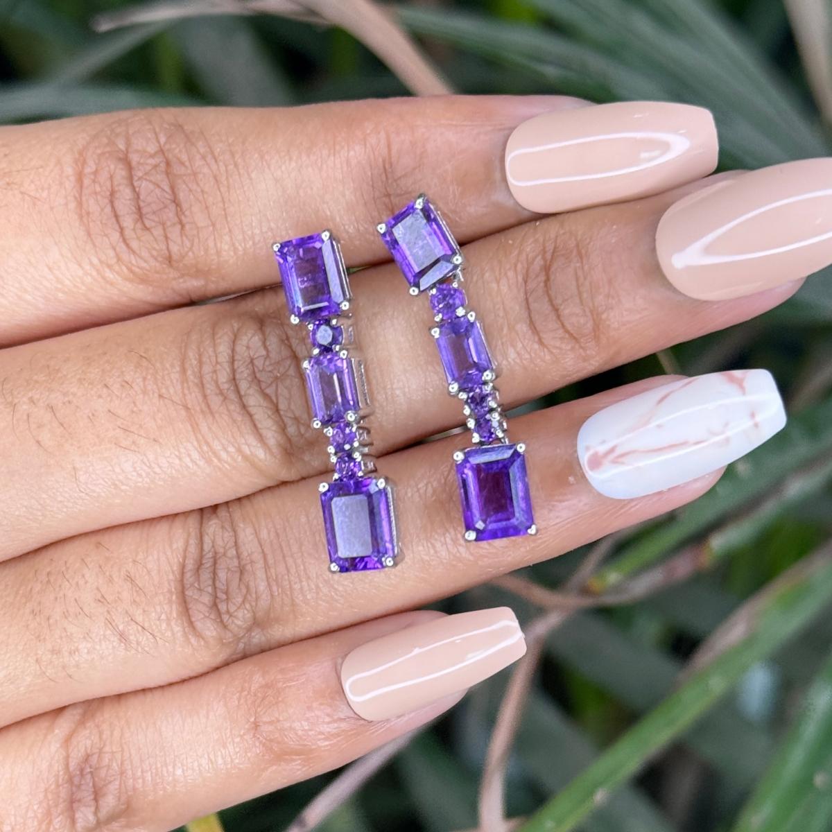 Mixed Cut Solid Silver Purple Amethyst Dangle Drop Earrings for Jewelry Gift For Mother For Sale