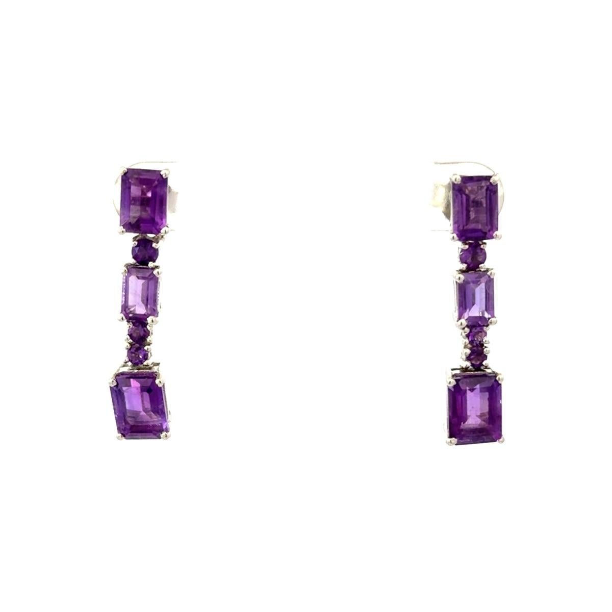 Solid Silver Purple Amethyst Dangle Drop Earrings for Jewelry Gift For Mother For Sale 2