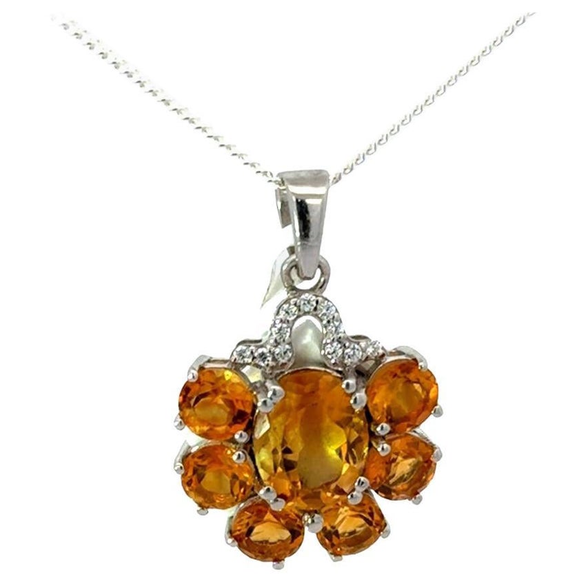 Solid Silver Stunning Citrine Flower Wedding Pendant Necklace for Mother To Be