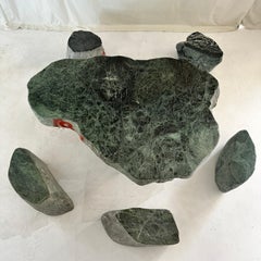 Solid soapstone brutalist dark green tea table with five stools (China, 1980s)