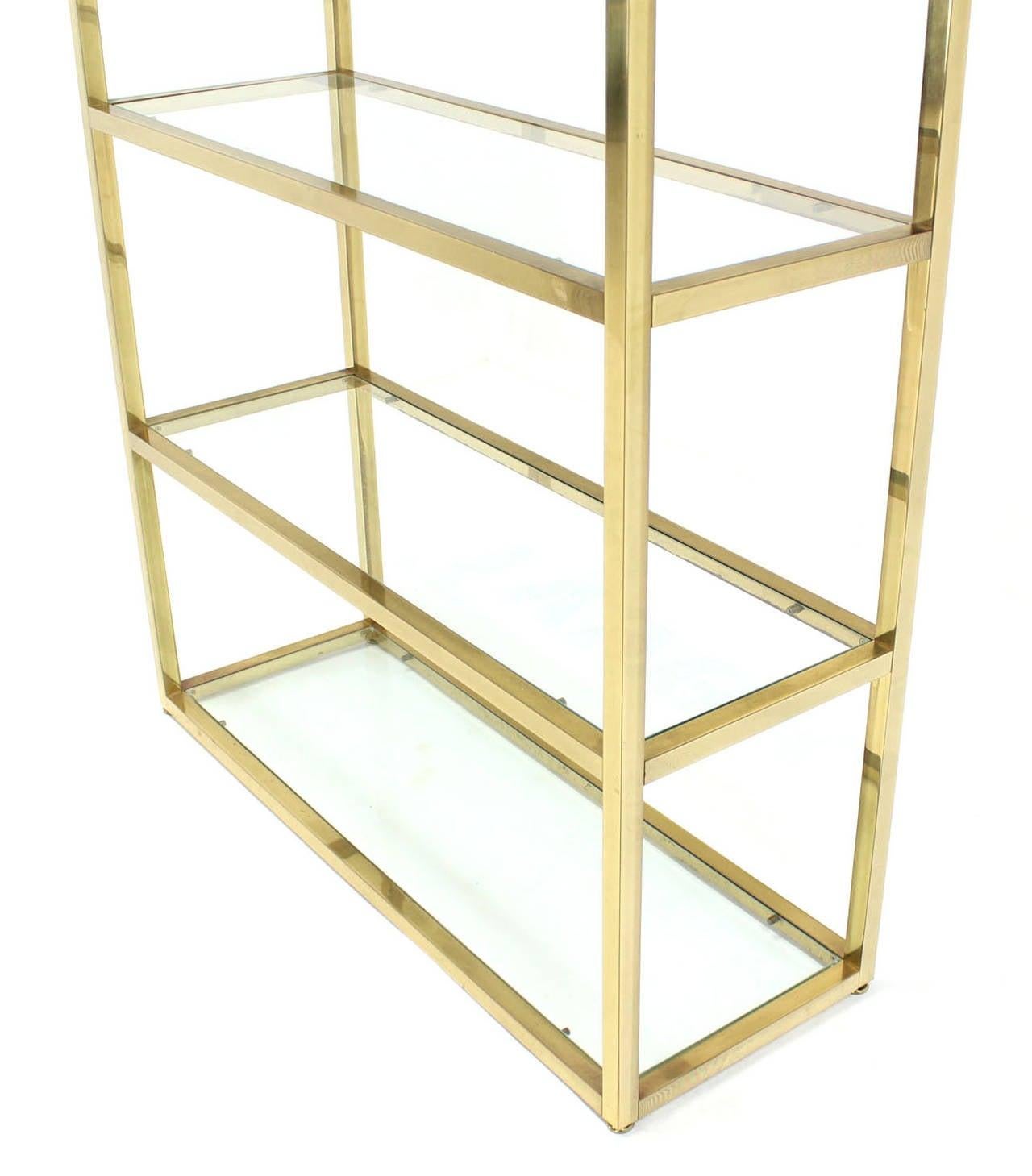 Polished Solid Square Brass Tube Five Glass Shelves Etagere Display Fixture Vitrine For Sale