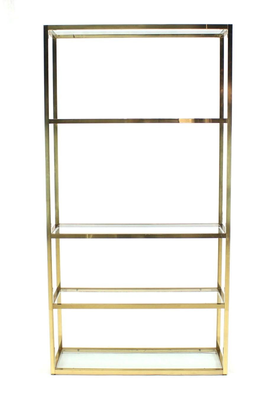 Solid Square Brass Tube Five Glass Shelves Etagere Display Fixture Vitrine In Good Condition For Sale In Rockaway, NJ