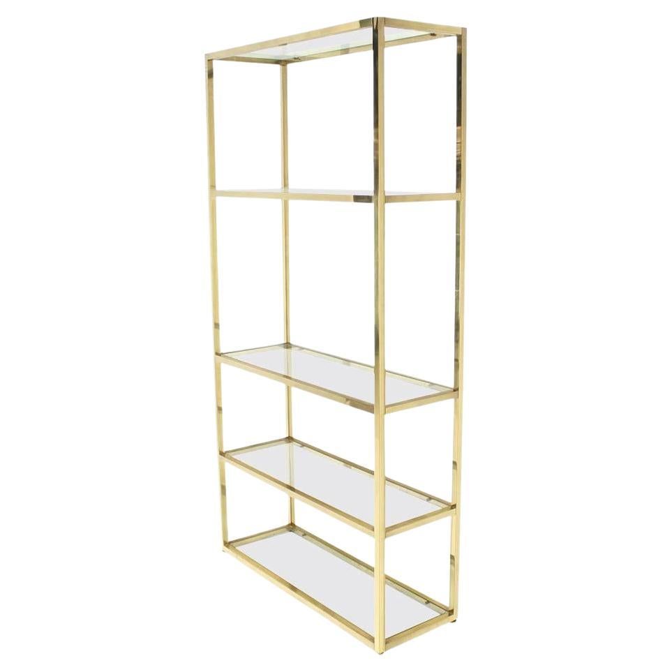 Solid Square Brass Tube Five Glass Shelves Etagere Display Fixture Vitrine For Sale