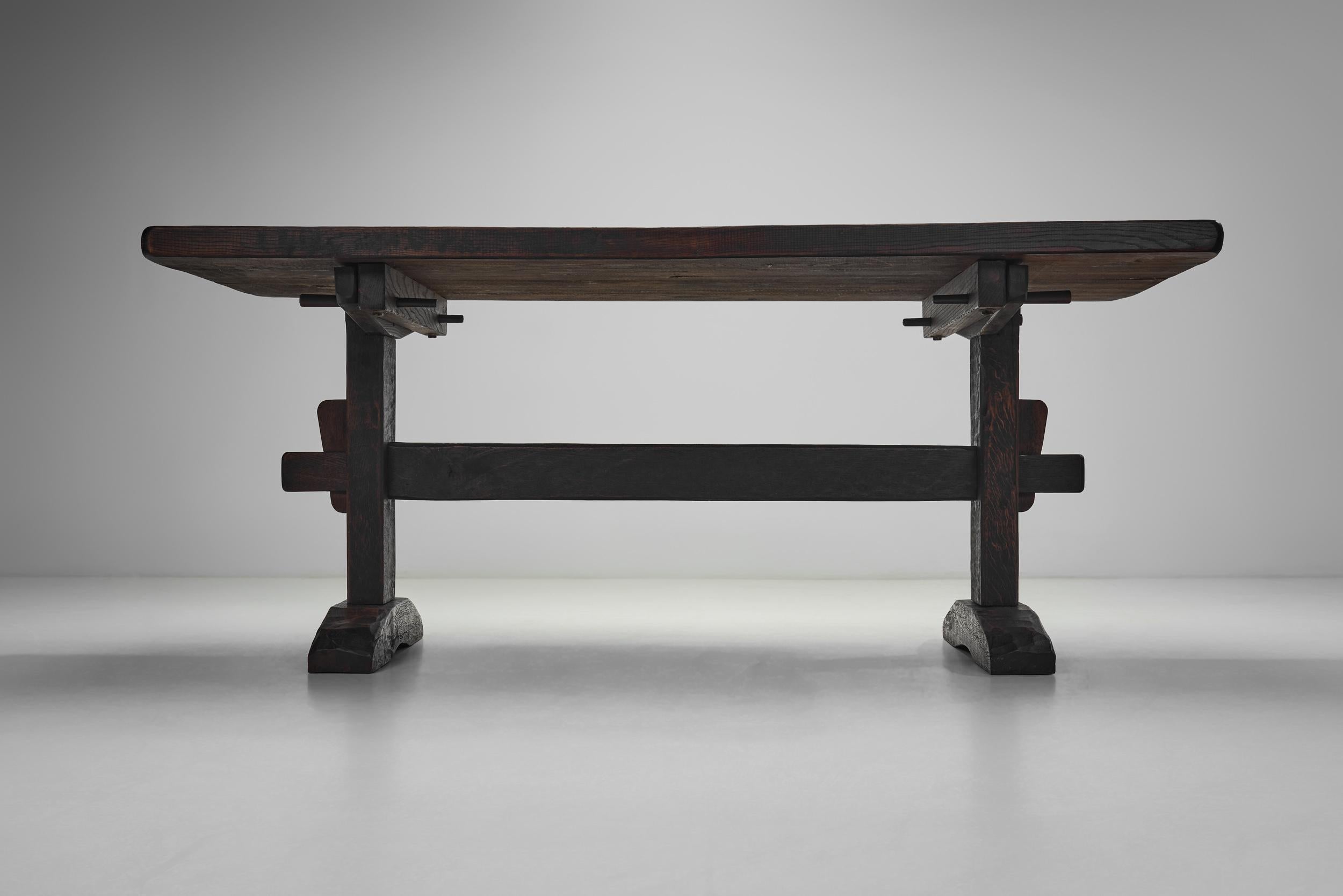 Mid-20th Century Solid Stained Oak Dining Table, Spain 1950s