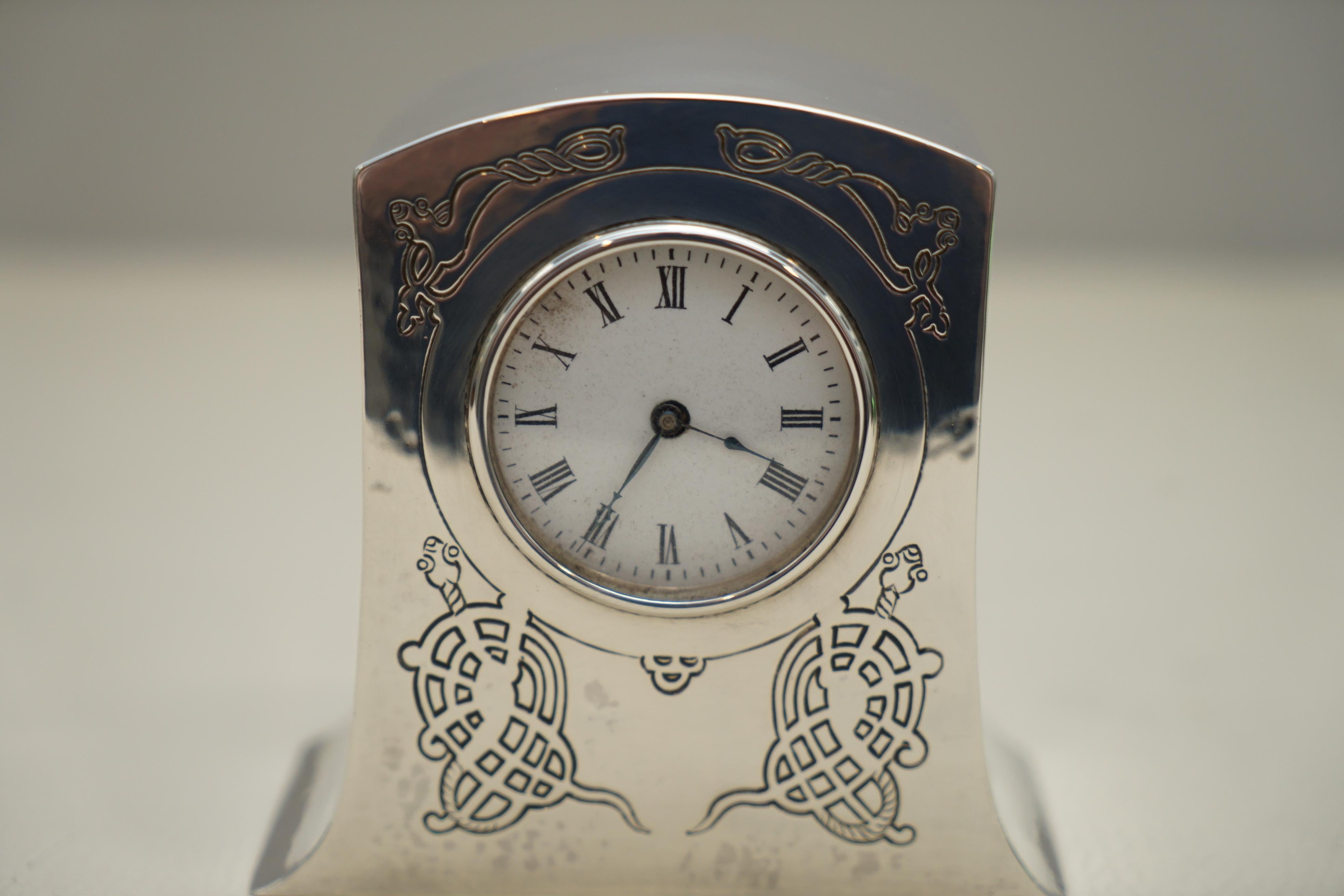 Art Deco Solid Sterling Silver Liberty's London 1915 Miniature Carrage Clock Tudric Feel For Sale